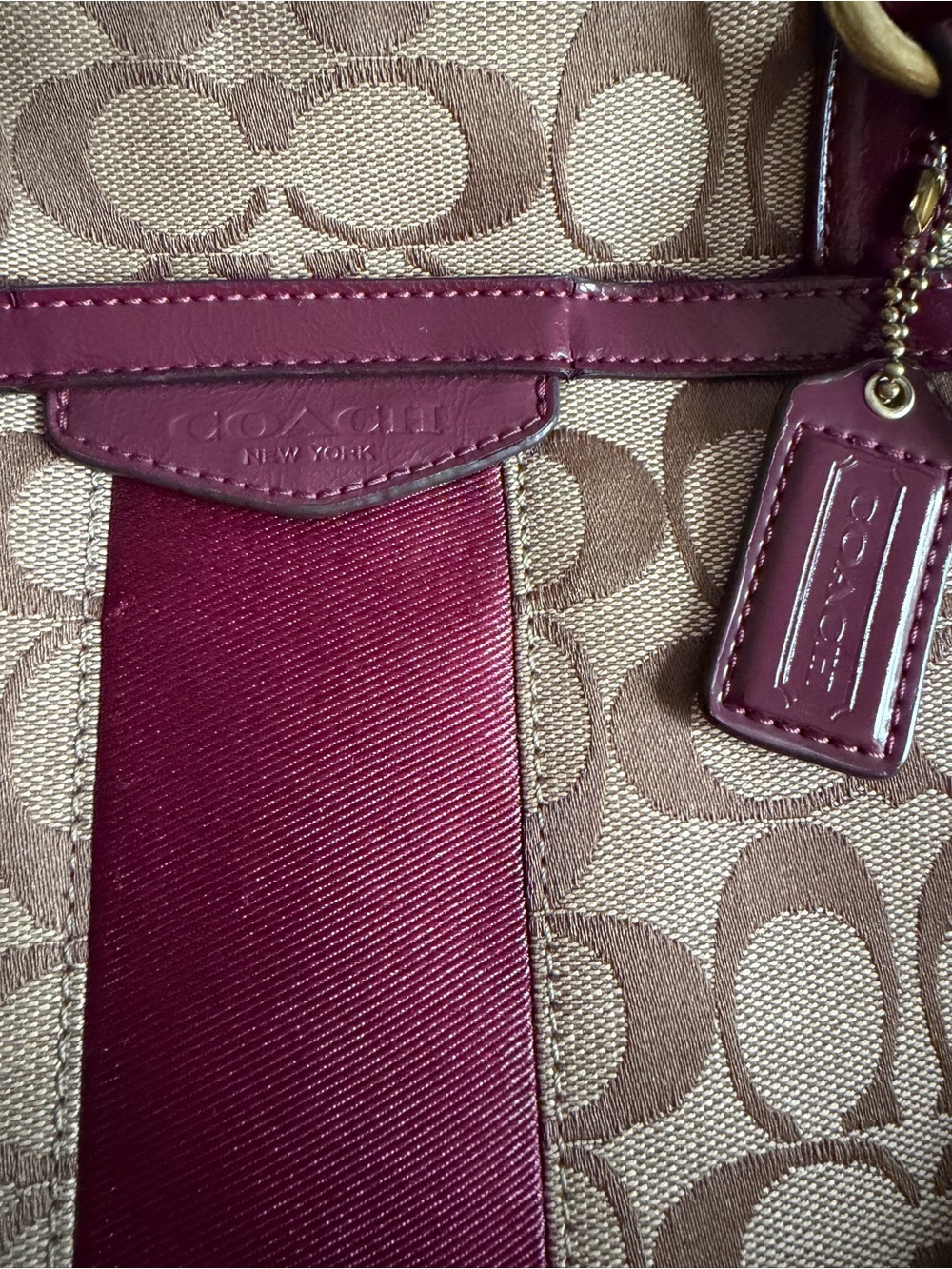 Coach F28504 Signature Stripe Tote Bag Khaki Burgundy Canvas Leather - Picture 13 of 13